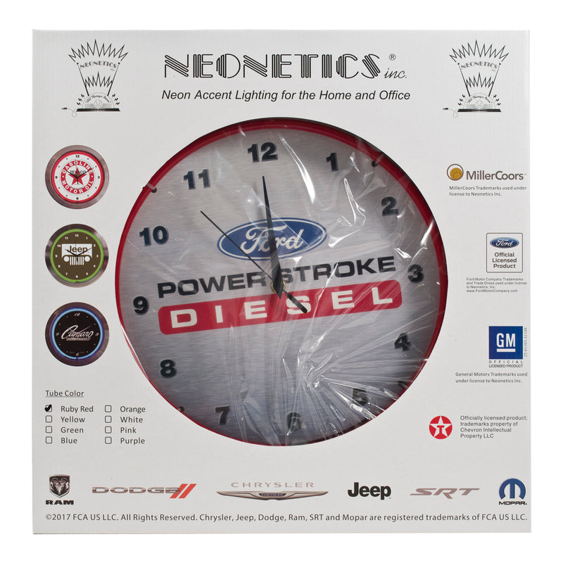 Ford Power Stroke Diesel Neon Garage Wall Clock Chrome Trim w/ Red Illumination