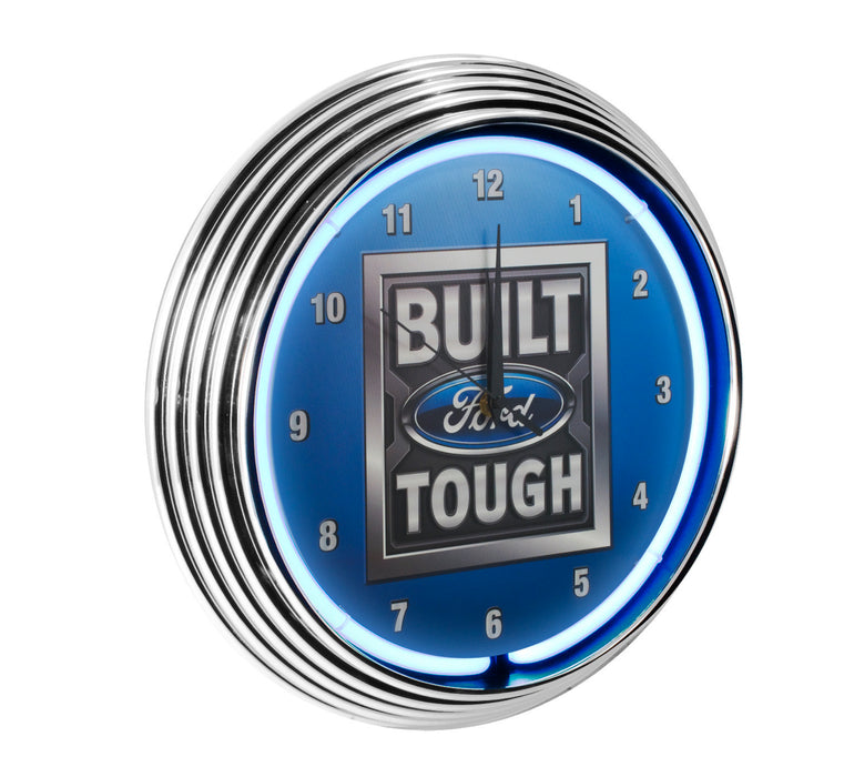 Built Ford Tough Neon Garage Man Cave Wall Clock Chrome Trim Blue Illumination