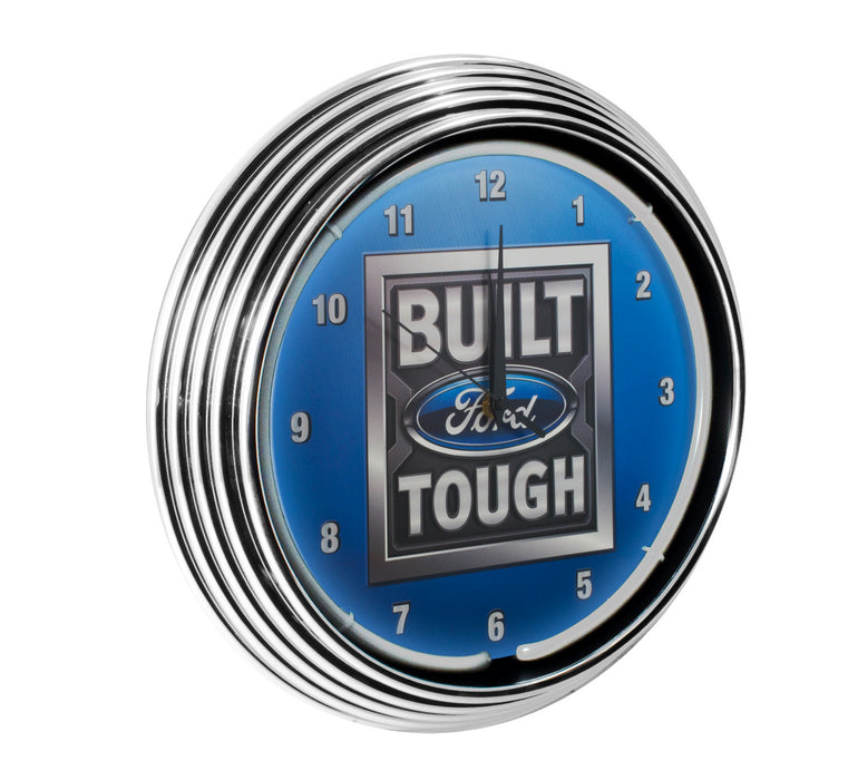 Built Ford Tough Neon Garage Man Cave Wall Clock Chrome Trim Blue Illumination