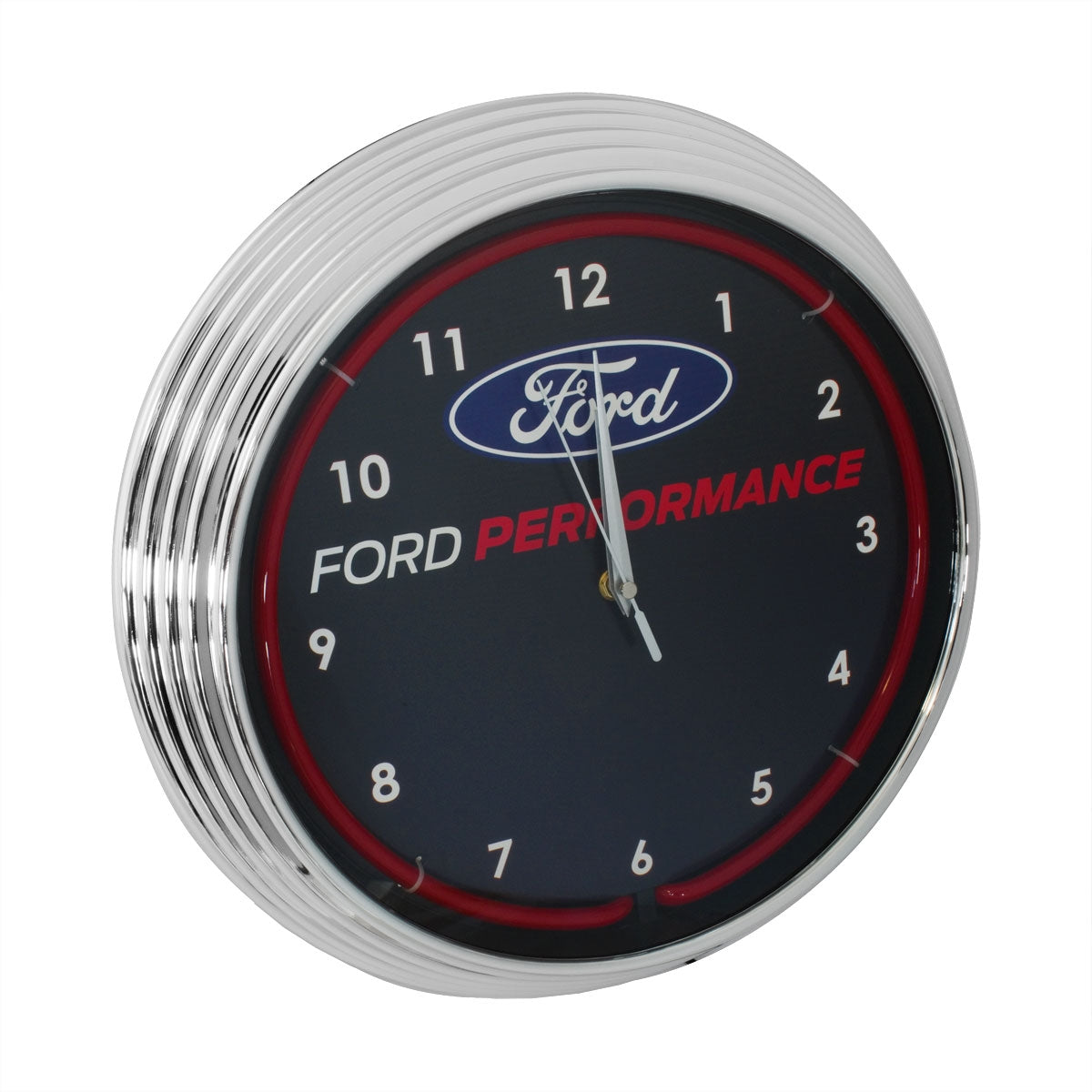 Ford Performance Neon Garage Man Cave Wall Clock Chrome Trim w/ Red Illumination
