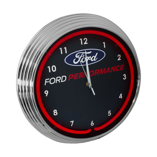 Ford Performance Neon Garage Man Cave Wall Clock Chrome Trim w/ Red Illumination