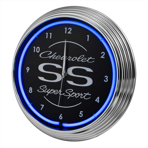 Chevy Camaro Chevelle SS Super Sport Blue Light Up Neon Clock w Chrome Trim