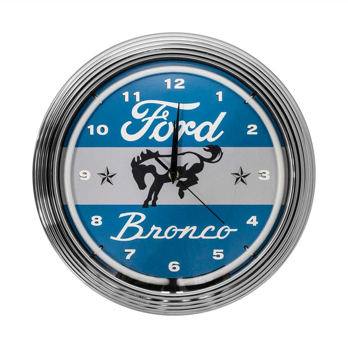 Ford Bronco White & Blue Light Up Neon Garage Man Cave Wall Clock w/ Chrome Trim