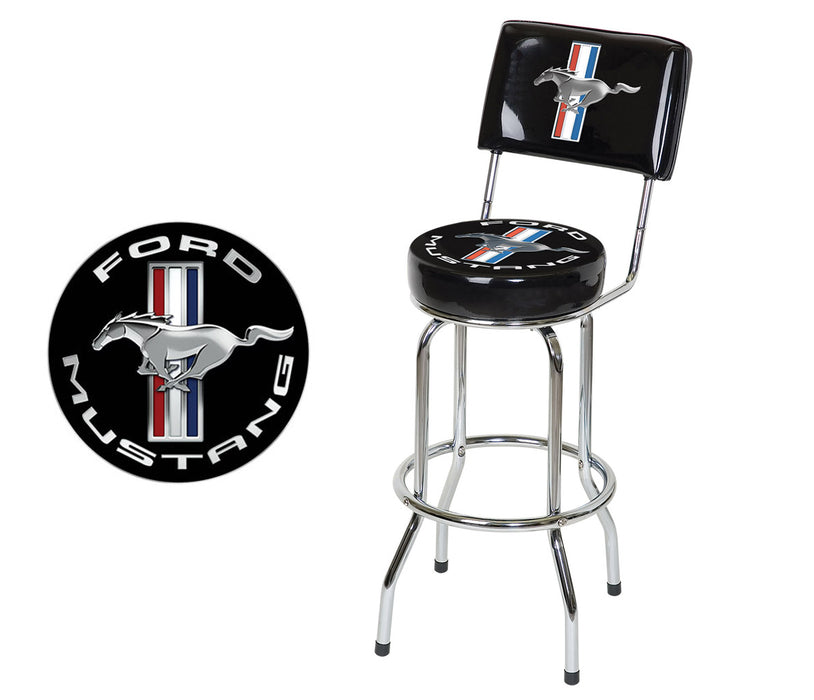 Ford Mustang Chrome & Black Tribar Running Horse Bar Stools w/ Back Rest - Pair