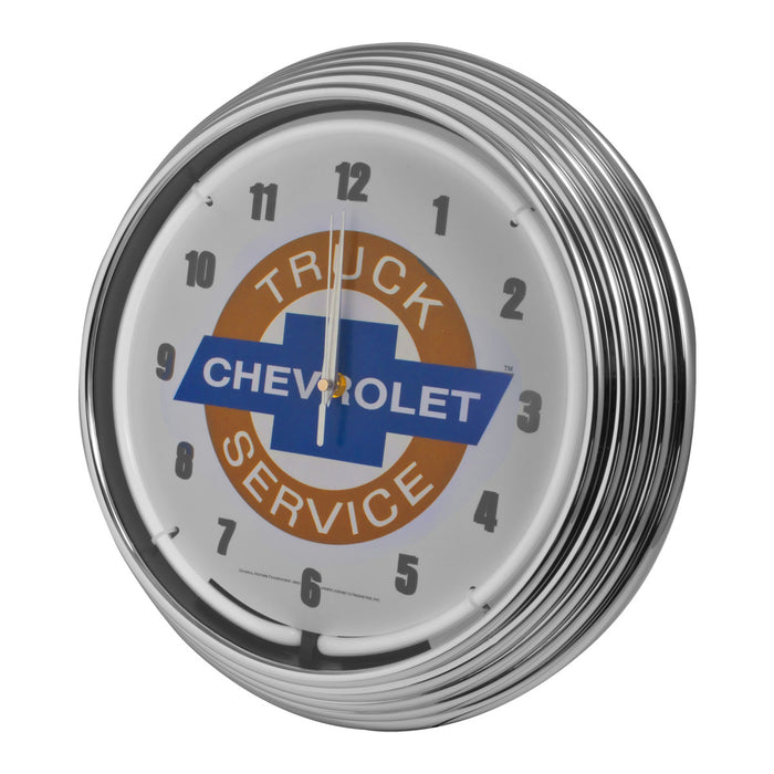 Chevrolet Chevy Truck Service Bowtie Blue Neon Lighted Wall Garage Clock Chrome