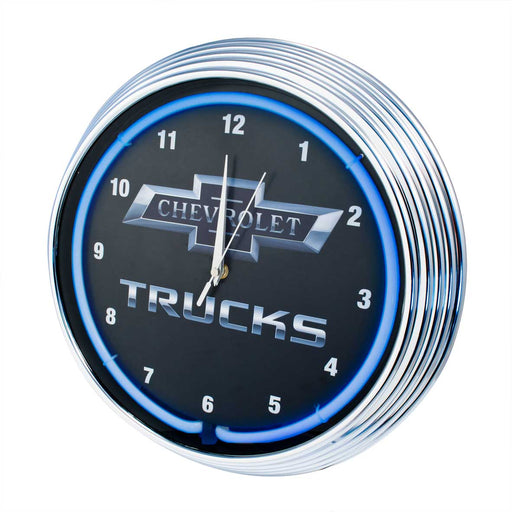 Chevrolet Chevy Trucks Bowtie Blue Illuminated Light Up Neon Clock w Chrome Trim