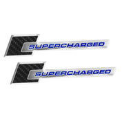 Carbon Fiber Chrome 6" Supercharged Aluminum Metal Emblem w/ Blue Lettering