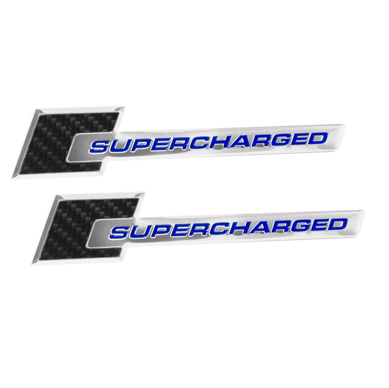 Carbon Fiber Chrome 6" Supercharged Aluminum Metal Emblem w/ Blue Lettering