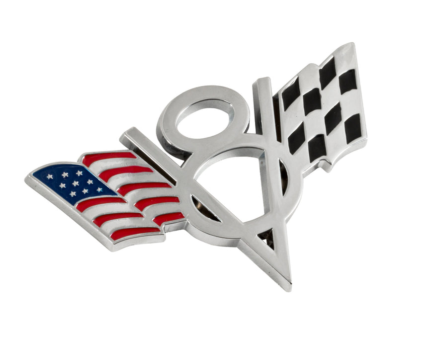 Ford Mustang Truck American & Checkered Flag V8 4" Chrome Metal Emblem