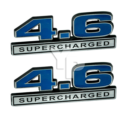 Blue 4.6 Liter Supercharged Engine Emblem Badge Logo with Chrome Trim - Pair