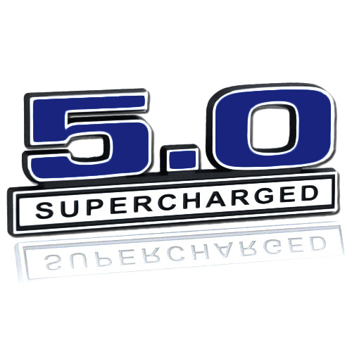 Ford Mustang Blue & Chrome 5.0 Liter Supercharged 3D Stick On Embossed Emblem