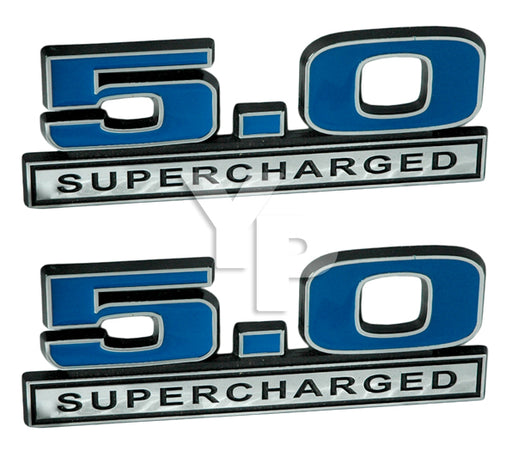 Blue & Chrome 5.0 Liter 302 V8 Supercharged Emblems Badge Logo - 5" Long Pair