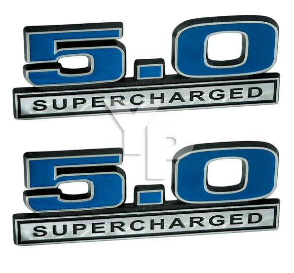 Blue & Chrome 5.0 Liter 302 V8 Supercharged Emblems Badge Logo - 5" Long Pair