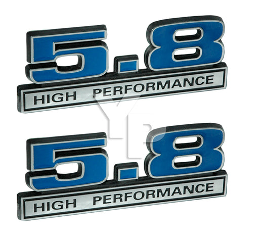 5.8 Liter 351 Engine High Performance Emblem Logo in Blue & Chrome 5" Long Pair