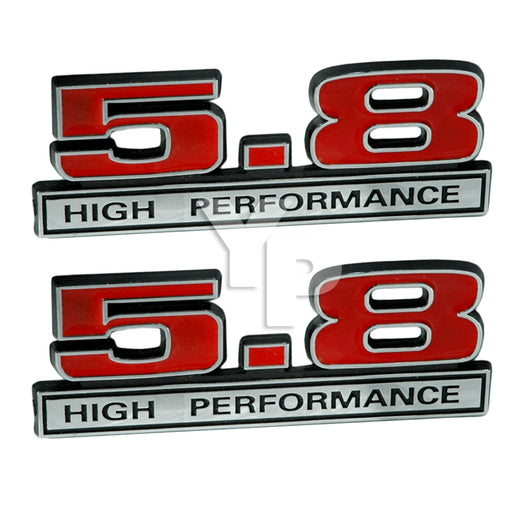 Red & Chrome 5.8 Liter 351 Engine High Performance Emblems Logo - 5" Long Pair