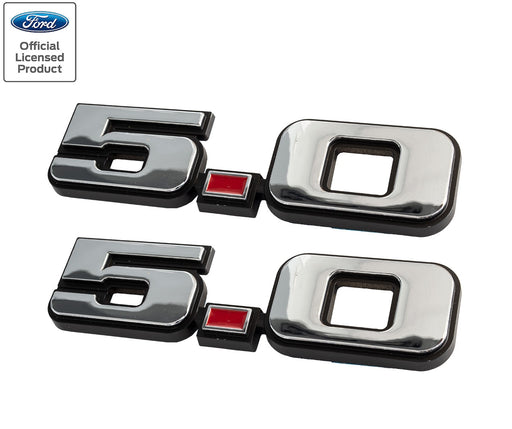 1979-1993 Ford Mustang GT LX Chrome & Red 5.0 Fender Emblems 4.75" Pair