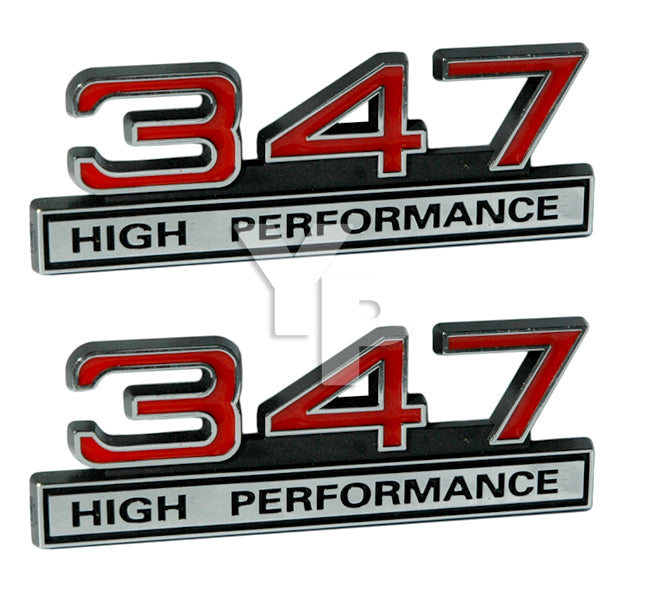 347 Stroker Engine High Performance Emblem Badge in Chrome & Red - 4" Long Pair