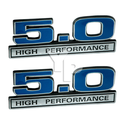 5.0 Liter Engine High Performance Emblem Badge in Chrome & Blue - 5" Long Pair
