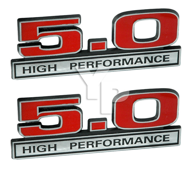 5.0 Liter Engine High Performance Emblem Badge in Chrome & Red - 5" Long Pair