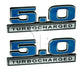 5.0 Liter 302 Turbocharged Engine Emblems Badges in Blue & Chrome - 5" Long Pair