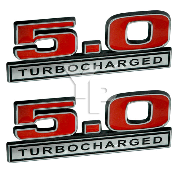 5.0 Liter 302 V8 Turbocharged Engine Emblems in Red & Chrome - 5" Long Pair
