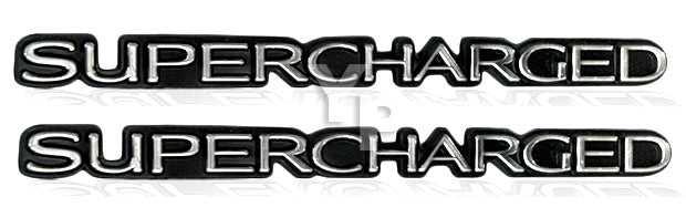 Chrome & Black Supercharged Engine Fender Emblems Badges Plates - 5.5" Long Pair
