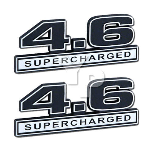 4.6 Liter Engine Supercharged Emblems Badge Logos Chrome & Black - 5" Long Pair