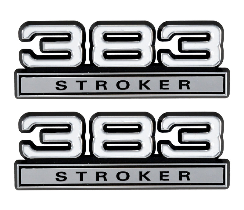 383 Stroker 6.2L Engine Emblems Badges White w/ Chrome Trim - 4" Long Pair