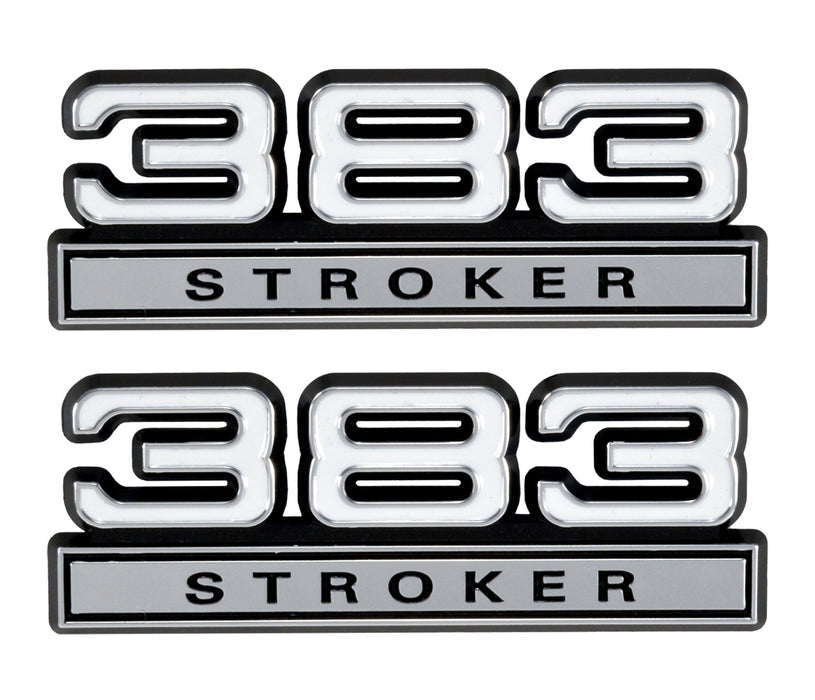 383 Stroker 6.2L Engine Emblems Badges White w/ Chrome Trim - 4" Long Pair