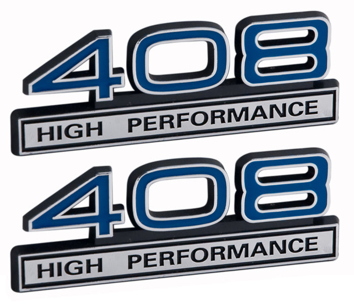 408 High Performance 6.6L Engine Emblems Badges in Chrome & Blue - 4" Long Pair