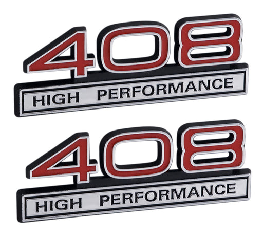 408 High Performance 6.6L Engine Emblems Badges in Chrome & Red - 4" Long Pair