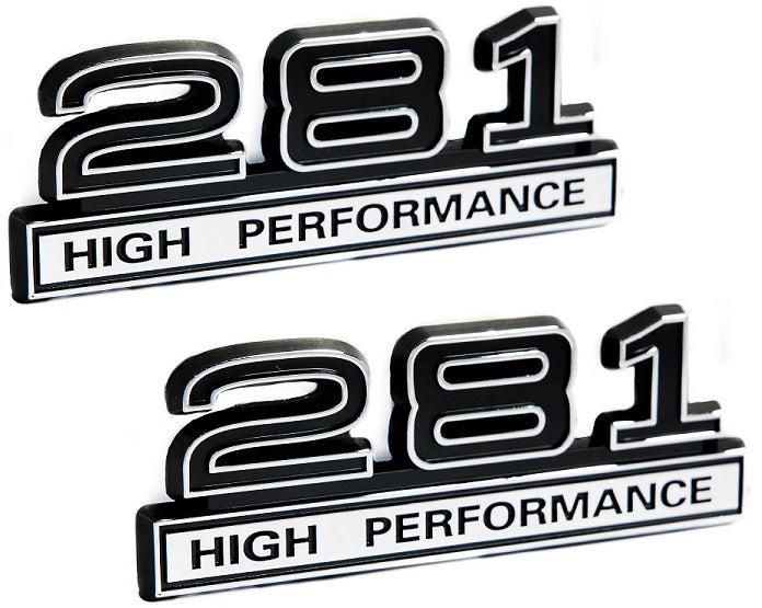 281 4.6 Liter High Performance Engine Emblems in Black & Chrome - 4" Long Pair