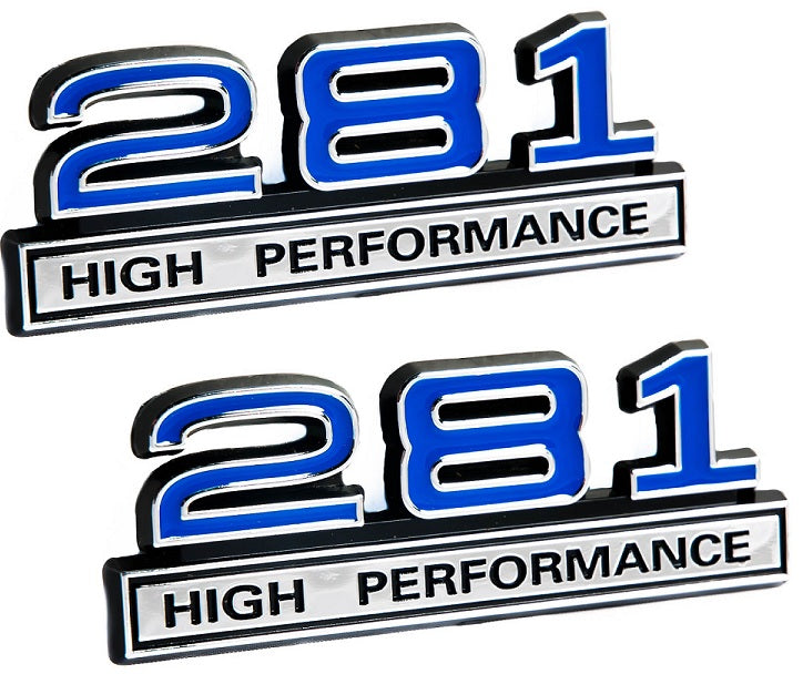 281 4.6 Liter High Performance Engine Emblems in Blue & Chrome - 4" Long Pair