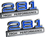281 4.6 Liter High Performance Engine Emblems in Blue & Chrome - 4" Long Pair