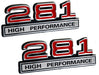 281 4.6 Liter High Performance Engine Emblems in Red & Chrome - 4" Long Pair