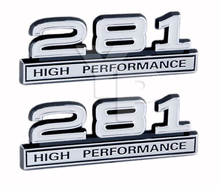 281 4.6 Liter High Performance Engine Emblems in White & Chrome - 4" Long Pair