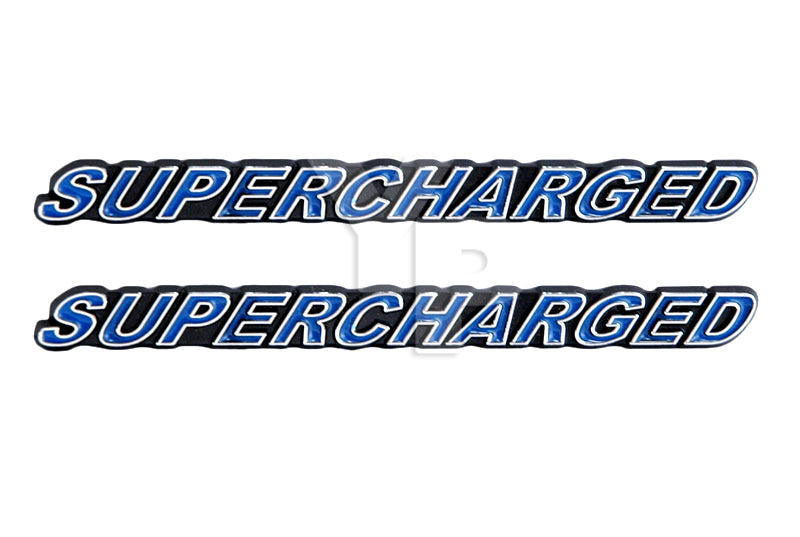 Supercharged Engine Emblems Badges Logos Chrome Trimmed & Blue - 5" Long Pair