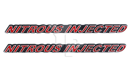 NOS Nitrous Injected Engine Fender Emblems in Chrome Trim & Red - 7" Long Pair