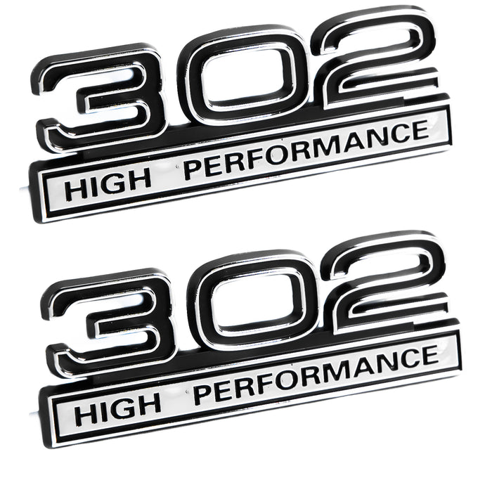 302 5.0 Liter Engine High Performance Emblem in Black & Chrome - 4" Long Pair