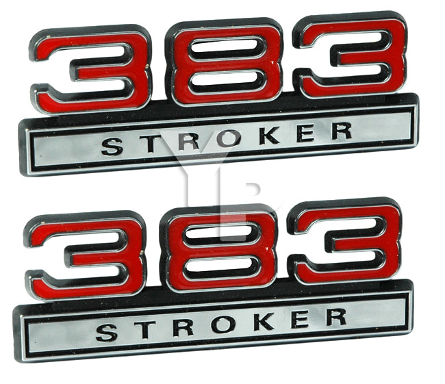 383 Stroker 6.3L Engine Emblems Badges with Red & Chrome Trim - 4" Long Pair