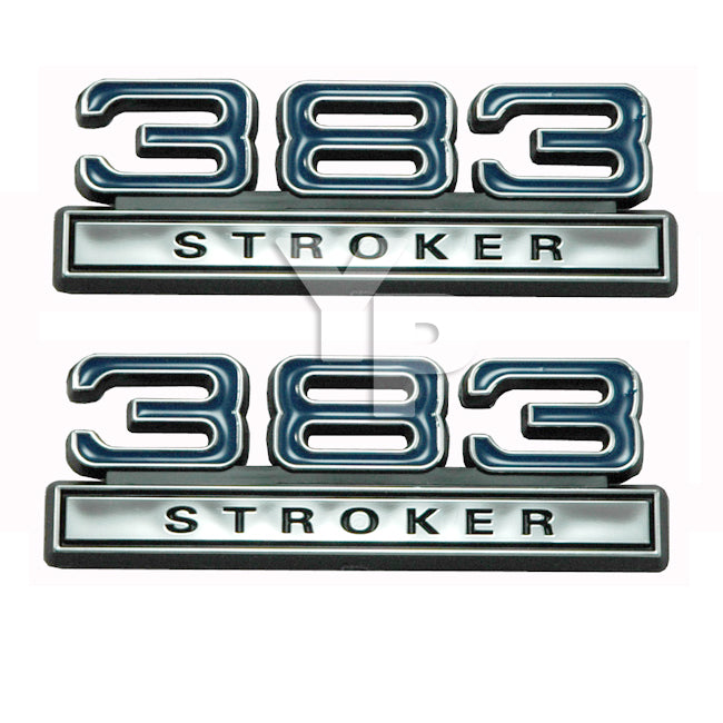 383 Stroker 6.3L Engine Emblems Badges with Blue & Chrome Trim - 4" Long Pair