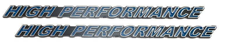 Chrome & Blue High Performance Engine Logo Emblems Badges - 7" Long Pair