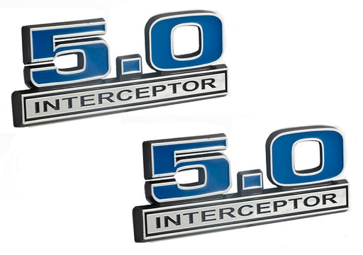 5.0 Liter Engine Police Interceptor Emblem Logo in Chrome & Blue - 5" Long Pair