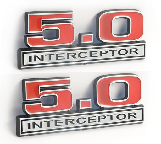 5.0 Liter Engine Police Interceptor Emblem Logo in Chrome & Red - 5" Long Pair