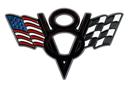 Ford Mustang American & Checkered Flags V8 Black Fender Trunk Emblem