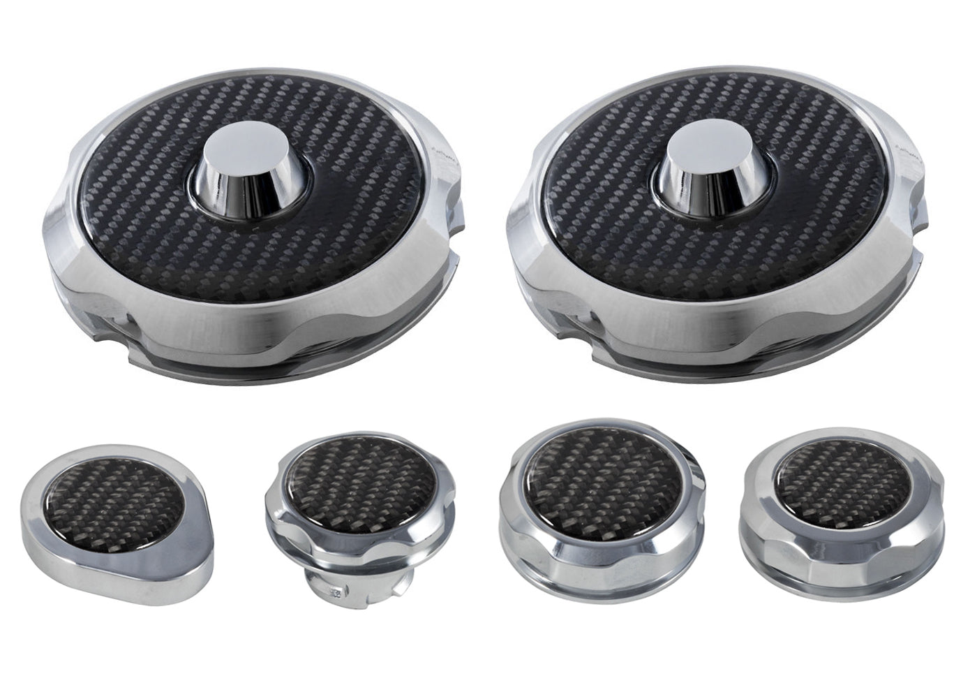 2015-2023 Mustang Chrome Strut Tower Engine Cap Covers w/ Carbon Fiber Inserts