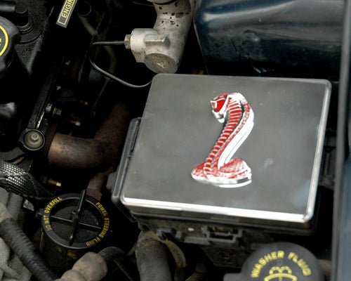 1998-2004 Mustang Polished Stainless Steel Fuse Box Cover w/ Red Cobra Emblem!