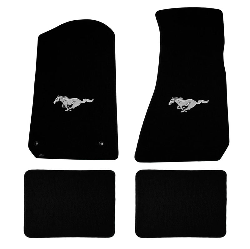 1994-2004 Ford Mustang 4pc Black Floor Mats Set - Silver Running Horse Pony Logo