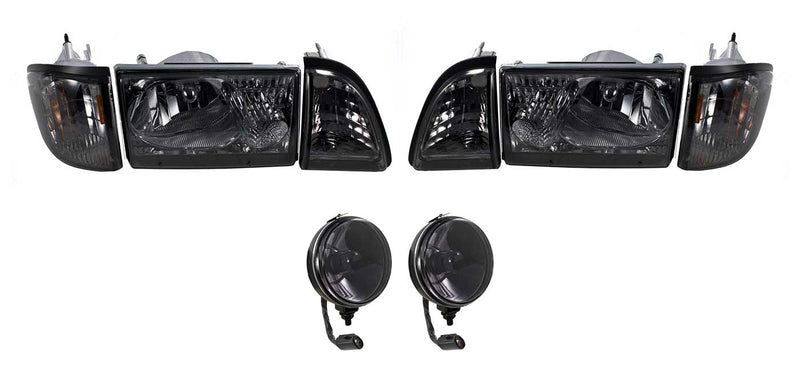 1987-1993 Ford Mustang GT Euro Smoked 6 pc Headlights w/ Fog Lights Lamps Pair