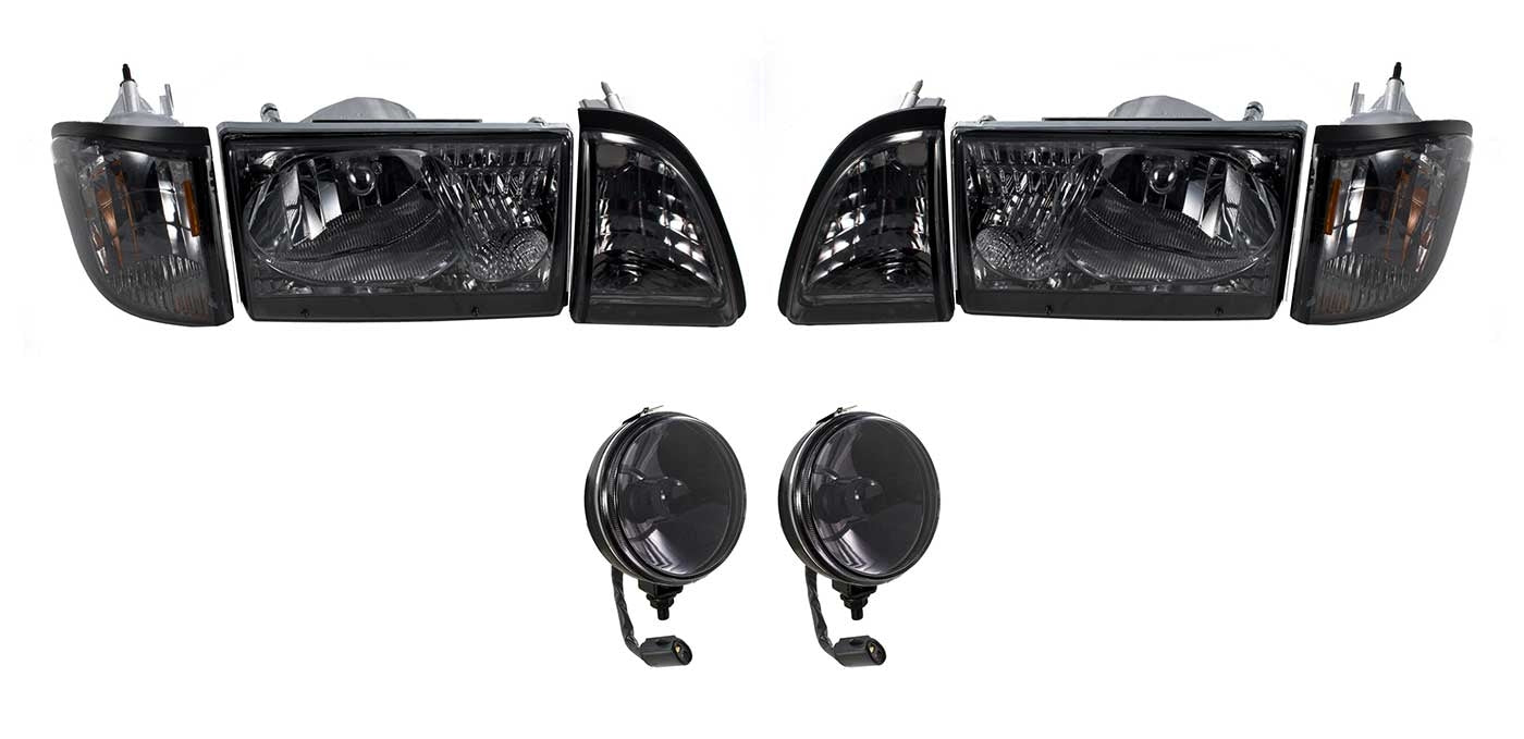 1987-1993 Ford Mustang GT Euro Smoked 6 pc Headlights w/ Fog Lights Lamps Pair